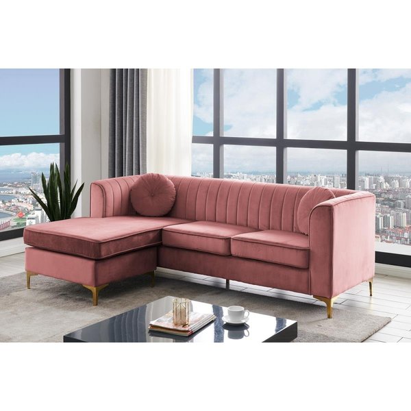 Chic Home Chic Home FSA9506-US Britannia Modular Chaise Sectional Sofa with Velvet Upholstered Vertical Channel Quilted Seat Back Solid Gold Tone Metal Y-Legs with 2 Throw Pillows; Modern Contemporary; Blush FSA9506-US